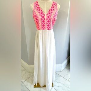 Vineyard Vines, women’s 2, cotton and linen maxi dress w/ hot pink woven accents